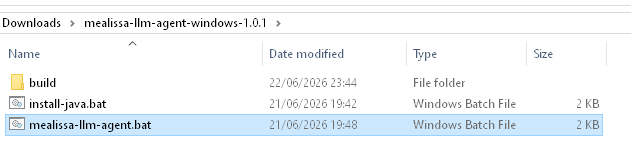 Extracted mealissa-llm-agent folder showing build, install-java.bat and mealissa-llm-agent.bat